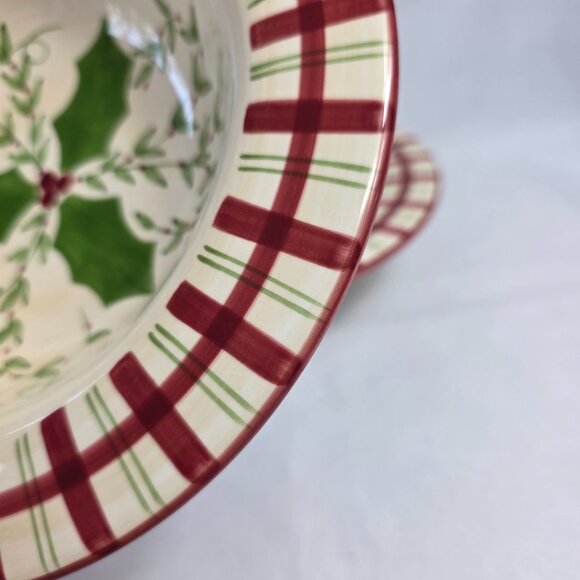 Los Angeles Pottery Laurie Gates Holiday Soup Bowl Green & Red Holly & Plaid - Picture 11 of 15